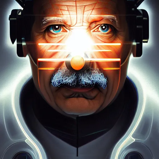 Image similar to symmetry!! portrait of albert einstein, sci - fi, tech wear, glowing lights!! intricate, elegant, highly detailed, digital painting, artstation, concept art, smooth, sharp focus, illustration, art by artgerm and greg rutkowski and alphonse mucha