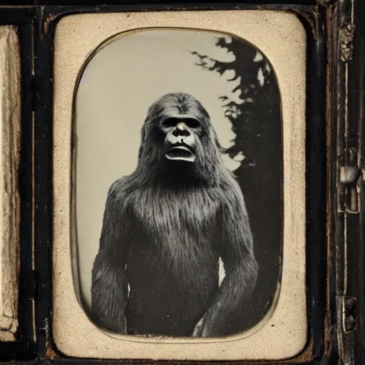 Prompt: 1 9 th century daguerreotype of the first sighting of bigfoot, black and white, horror, forest