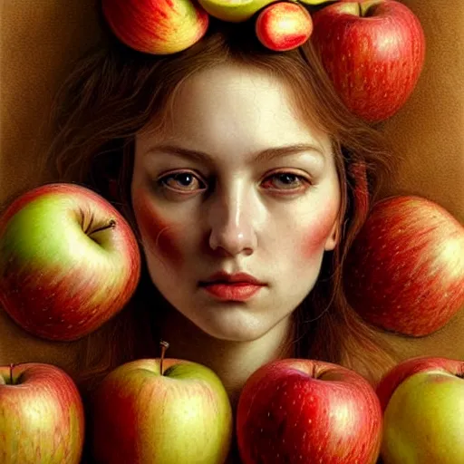 Image similar to portrait made of apples and fruit, fantasy, intricate, elegant, highly detailed, lifelike, photorealistic, digital painting, artstation, illustration, smooth, sharp focus, art by albert aublet, krenz cushart, artem demura, giuseppe arcimboldo