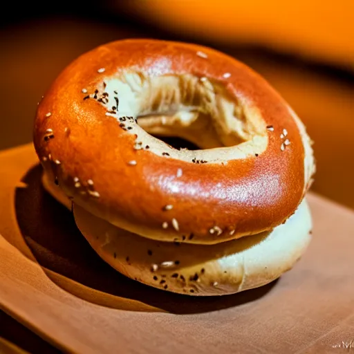 Image similar to a cinematic photograph of a bagel. award winning, perfect lighting, backlight