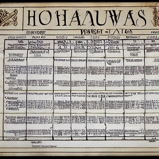 Image similar to train schedule for hogwart ’ s express, parchment paper, pen and ink, highly detailed,