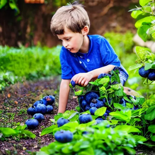 Image similar to a boy steals blueberries from a british garden, hyper realistic, 4 k, photo