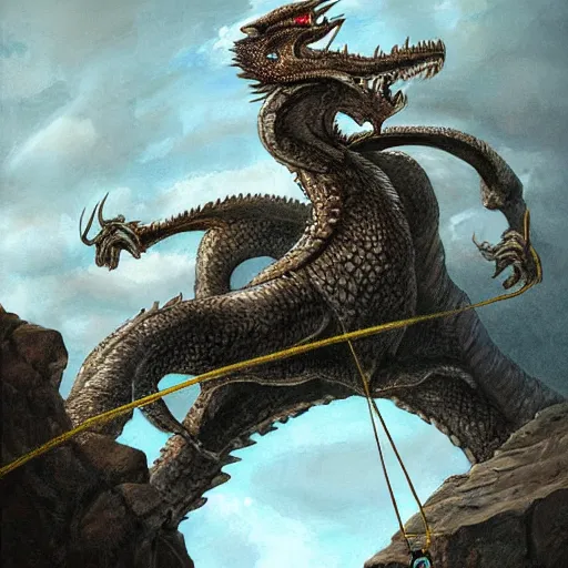 Image similar to rogue rock climber climbing a giant ancient dragons skull, very detailed, fantasy art, dungeons and dragons, belaying, ropes, landscape, cover of national geographic