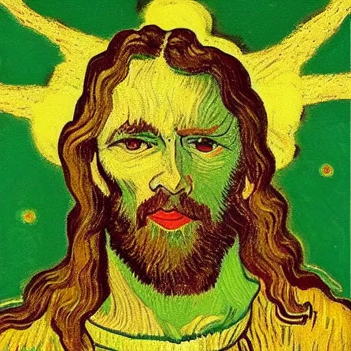 Image similar to jesus spreads his hands against the background of growing cannabis. an oil painting in the style of van gogh