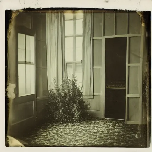 Prompt: giant shark on the floor inside of a warmly - lit victorian - era home, looking out the window into a large front yard populated with willow trees, faded daguerreotype, 1 9 1 0 s photography