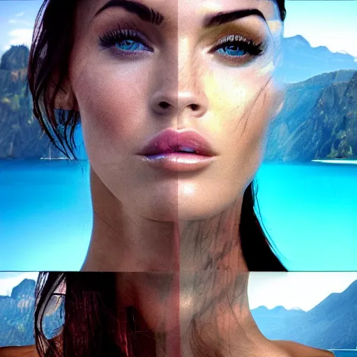 Prompt: double - exposure effect of megan fox face and beautiful mountains, in the style of dan mountford, amazing detail