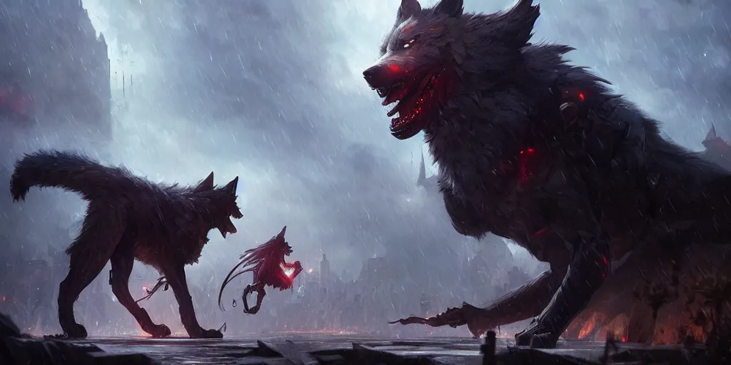 Prompt: A battle inside the city. Giant wolf is attacked by laser beams, raining, epic. In style of Greg Rutkowski, Jesper Ejsing, Makoto Shinkai, trending on ArtStation, fantasy, great composition, concept art, highly detailed, scenery, 8K, Behance.