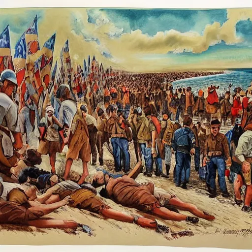 Image similar to This print depicts a scene from the Spanish Civil War, which was a time of great turmoil and strife in Spain. The print shows a group of people on a beach, with the ocean in the background. The people in the print are all different sizes and shapes, and they are all looking in different directions. The print is full of color and movement, and it is very expressive. The print is also very powerful and emotional, and it has a very strong impact on the viewer. Shutterstock by Antoine Blanchard perspective