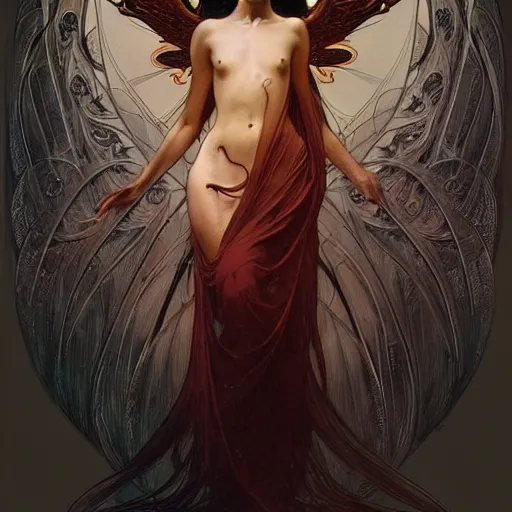 Image similar to a beautiful portrait of a beautiful! angel in black flames!! by ross tran!!! and alphonse mucha and greg rutkowski! and gustav dore! and zdzisław beksinski!, in style of digital art illustration. symmetry. highly detailed face. fantasy, smooth, hyper detailed, sharp focus, soft light. trending on artstation. 4 k