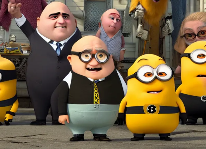 Prompt: Danny DeVito cast as Gru with his minions, still from Despicable Me 2010, high detail, 8k establishing shot,