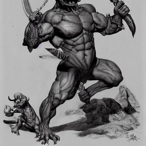 Prompt: dog-faced muscular goblin, ugly face, lizard tail, holding scimitar made of bone, hyper-detailed, drawn by Frank Frazetta