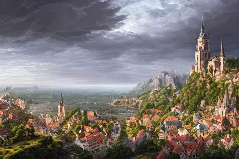 Image similar to an ultra detailed matte landscape painting of an german renaissance capital city built into the side of a mountain with many tall spirally towers, sweeping vista, tiny coastal fishing village very far away, ultrawide lens, aerial photography, 8 k, volumetric lighting, smooth, highly detailed, digital illustration, art by greg rutkowski and akira toriyama and artgerm