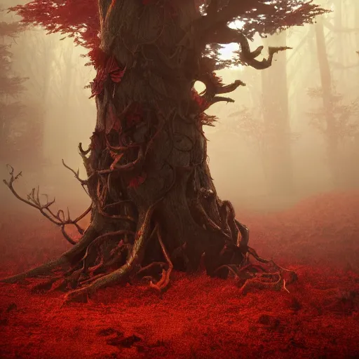Prompt: concept art, rotten tree spirit lost in a dark foggy red forest, extremely detailed, golden ratio, octane render