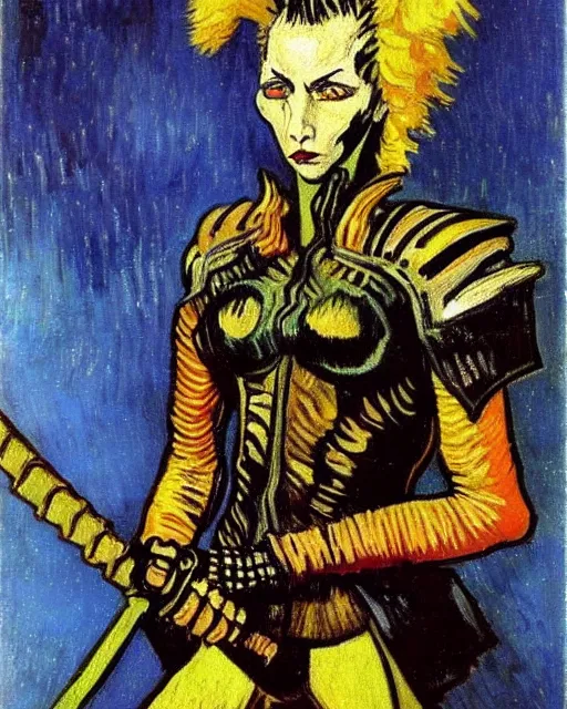 Image similar to portrait of a skinny punk goth vincent van gogh wearing armor by simon bisley, john blance, frank frazetta, fantasy, thief warrior