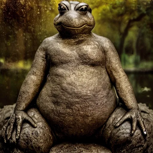 Prompt: toad philosopher The Thinker, swamp, sculpture by Auguste Rodin, hyperrealism, symmetric, by Irving Penn, bokeh top cinematic lighting , cinematic mood, very detailed, shot in canon