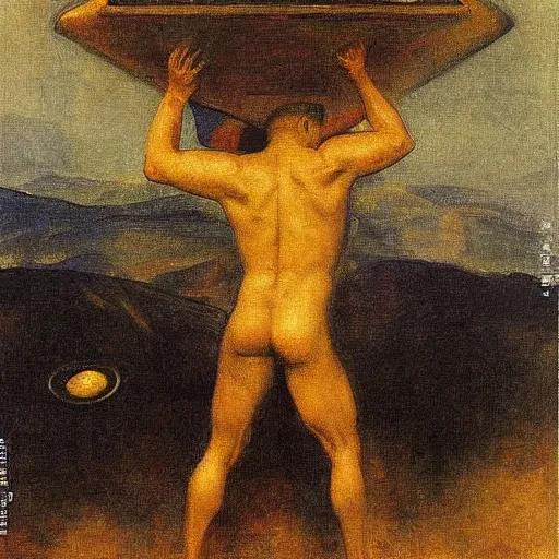 Image similar to Benjamin Netanyahu carrying large chunks of gold on his shoulders up a black mountain in hell, dark sky, by Franz Stuck