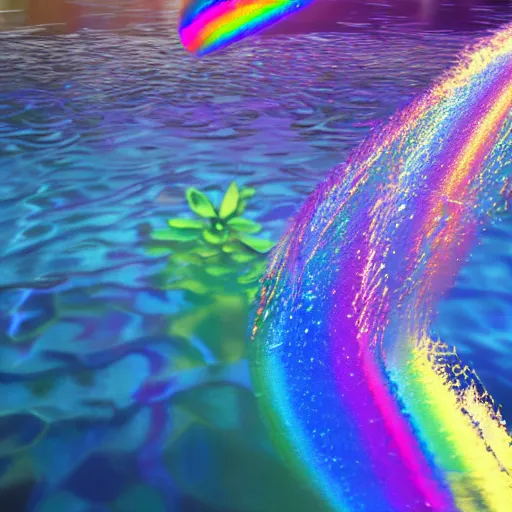 Image similar to a lot of multicolored rainbow iridiscent water splashes, water explosion, render, octane render, 3 d, unreal engine, raytracing, 8 k