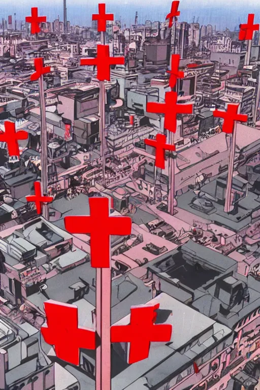 Prompt: Three giant red crosses in the center of a city from Neon Genesis Evangelion