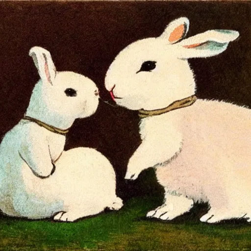 Prompt: a rabbit kissing a white alpaca's cheek in the style of gifford beal