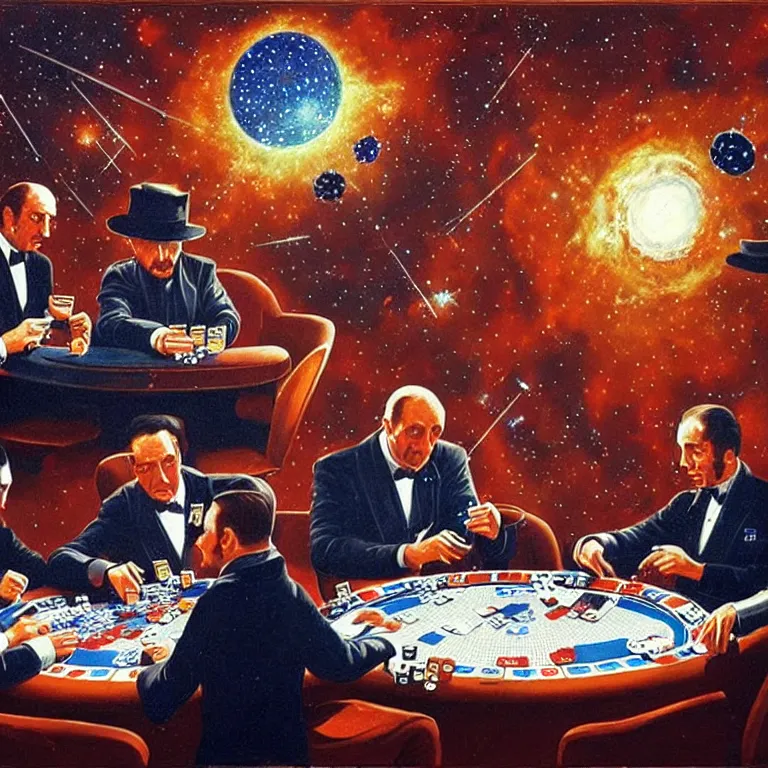 Image similar to Three mafiosi playing poker in open cosmos, star systems are visible in the background. Extremely high details, realistic, fantastic art, masterpiece, art by Alexei Leonov