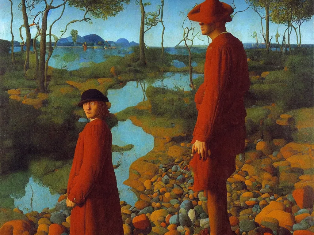 Image similar to Portrait of an artist in front of his canvas, knee deep in a river. Humanoid rocks, coral-like pebbles, autumn light. Painting by Jan van Eyck, Georges de la Tour, Rene Magritte, Jean Delville, Max Ernst, Walton Ford