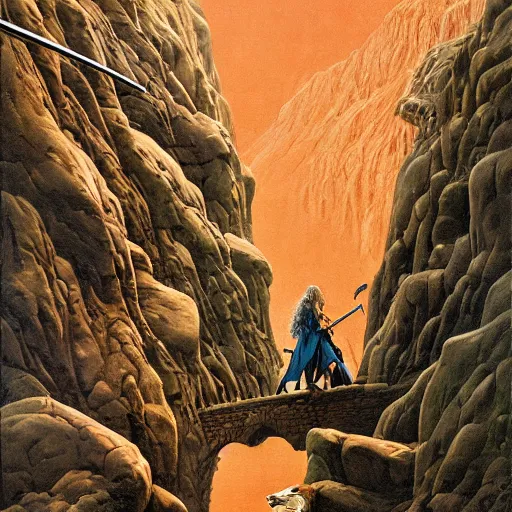 Image similar to Highly detailed oil painting of Gandalf fighting a monstrous Dachshund on a narrow rock bridge, underground, intricate artwork by Angus McBride, John Howe, Matthew Stewart, Ted Nasmith, heroic fantasy