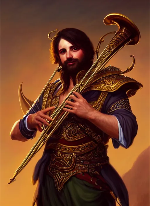 Image similar to a _ fantasy _ style _ portrait _ painting _ of pasific male charismatic bard playing instrument, rpg dnd oil _ painting _ unreal _ 5 _ daz. _ rpg _ portrait _ extremely _ detailed _ artgerm _ greg _ rutkowski _ greg