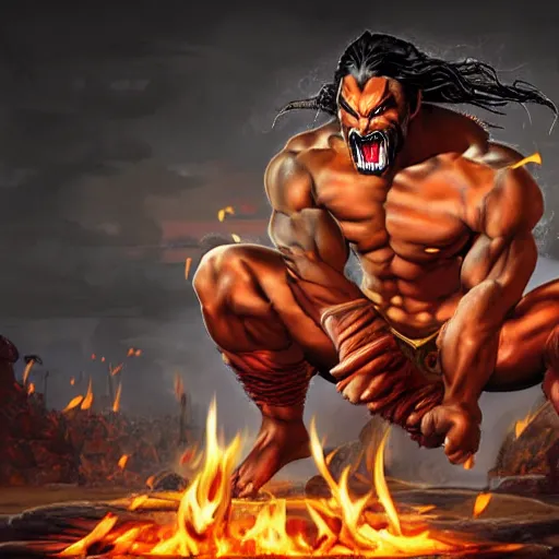 Image similar to jason momoa as dhalsim street fighter, sitting and floating in mid air, surrounded by fire, ultra realistic, concept art, intricate details, highly detailed, photorealistic, octane render, 8 k, unreal engine, art by frank frazetta, simon bisley, brom