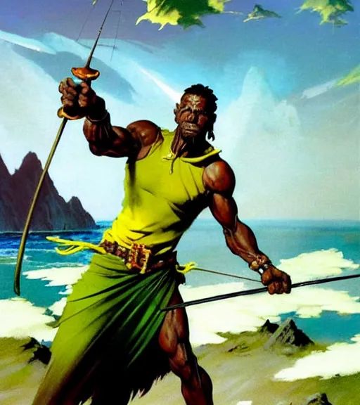 Image similar to magic : the gathering fantasy character concept art by frank frazetta and marco bucci, high resolution. a clear portrait of a 3 0 - year old athletic male jamaican, fisherman, wearing yellow green black calico clothing, magical fishing rod weapon, jamaican ocean flowing in the background, symmetry, fantasy coloring, intricate, 8 k, digital painting, artstation, smooth, sharp focus