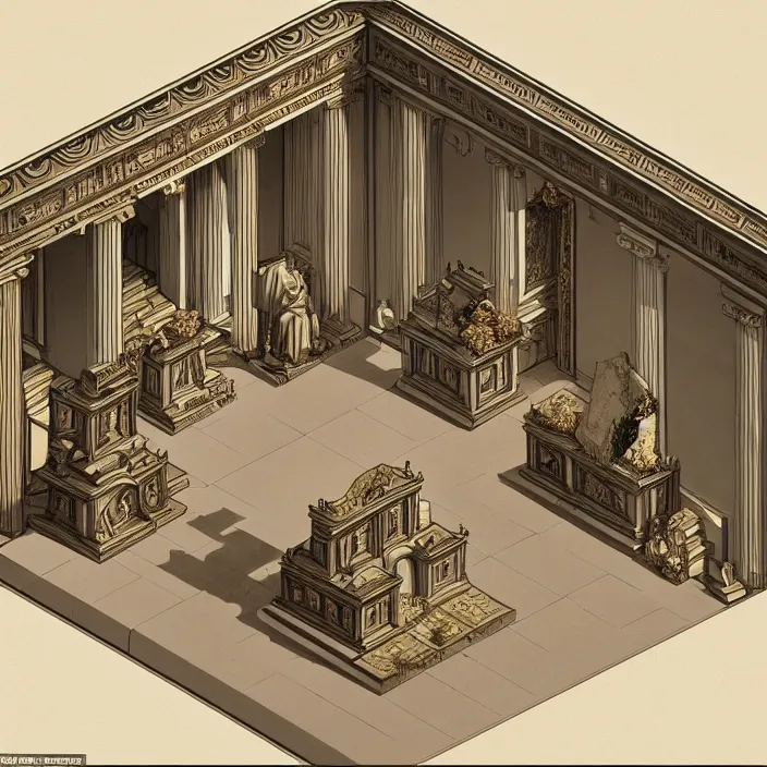 Prompt: isometric view of an interior with an altar in the style of hades, exquisite lighting, clear focus, very coherent