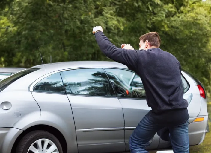 Prompt: man punching a car