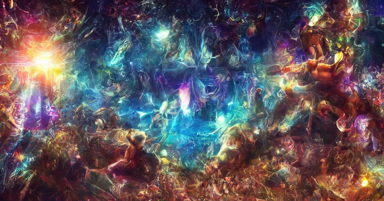 Prompt: Human egos are trapped in the illusion of physical reality, sitting in a movie theater, watching the light of consciousness project their lives onto a giant screen, realistic image full of sense of spirituality, life meaning, meaining of physical reality, happy atmosphere, beautiful concept art, super detail