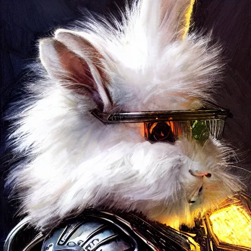 Prompt: the white dwarf lionhead bunny rabbit as a cyberpunk knight, closeup portrait art by norman rockwell and donato giancola and greg rutkowski