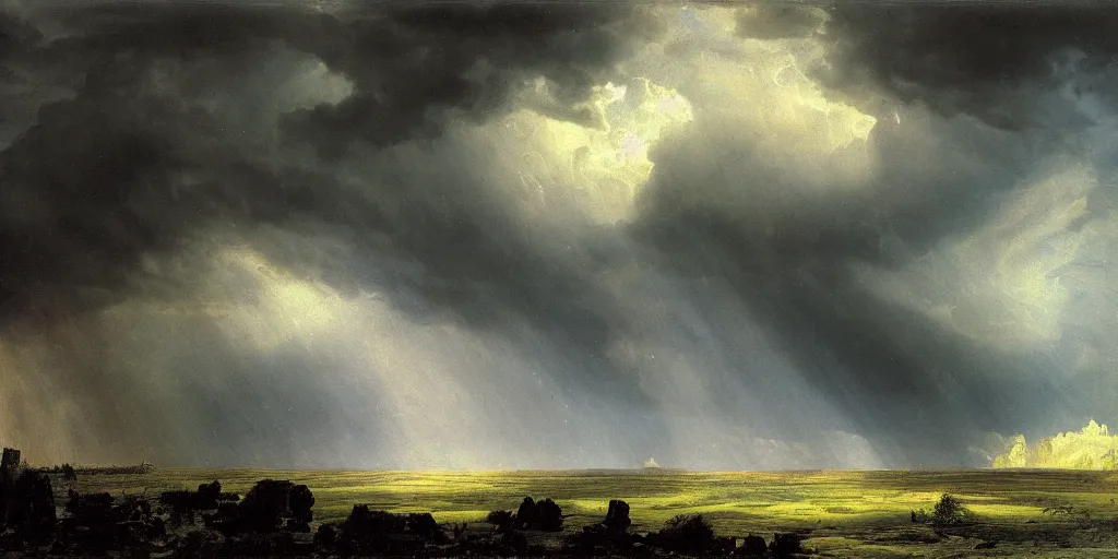 Prompt: an immense storm fills the sky, the ground shatters cataclysmicly, Ivan Shishkin and John Martin