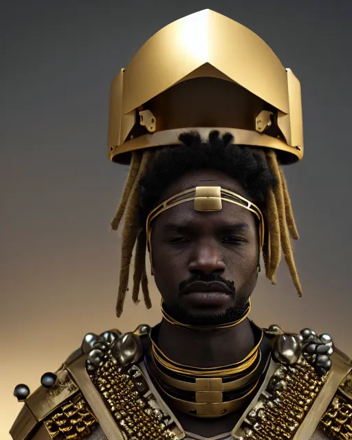 Prompt: fully armored african samurai, unreal engine 5, dreadlocks, man, blender, symmetrical face, atmosphere, dark brown skin, gold teeth, face visor, gold beads, depth of field, landscape, lush, ultra realistic, cinematic, macro, artstation, megascan, elegant, epic, Quixel, weta digital, focus, octane render, v-ray, 8k, art by Sonia Delaunay