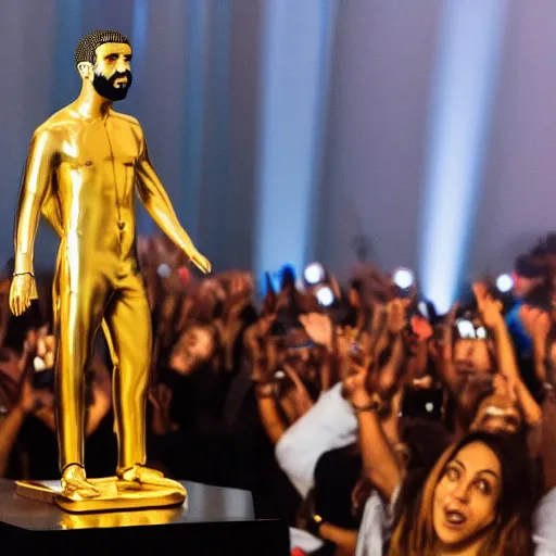 Image similar to Drake worshipping a golden statue of himself, low angle