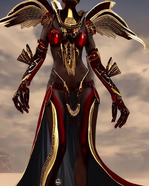 Image similar to sultry egyptian priestess wearing red dove wings, warframe armor, regal, attractive, ornate, sultry, elize theron, pretty face, blue eyes, scifi platform, 4 k, ultra realistic, epic lighting, illuminated, cinematic, black gold, art by akihito tsukushi, voidstar