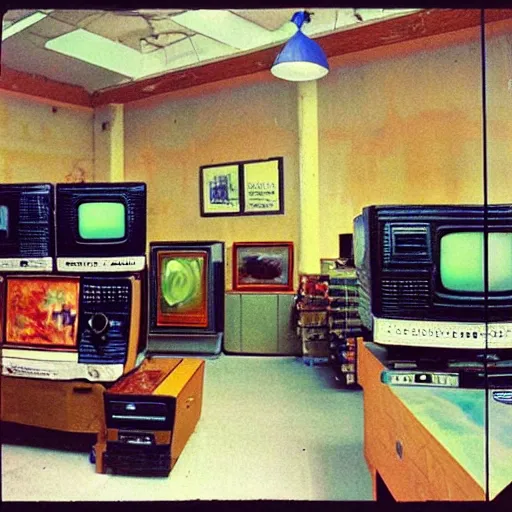 Image similar to array of crt televisions, tv static, antenna, stacked, polaroid, steroids, adult video store, van gogh