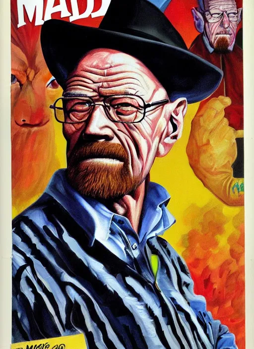 Prompt: mad magazine cover, norman mingo painting, walter white scowling, exaggerated proportions, caricature, painterly, visible brush strokes, vintage