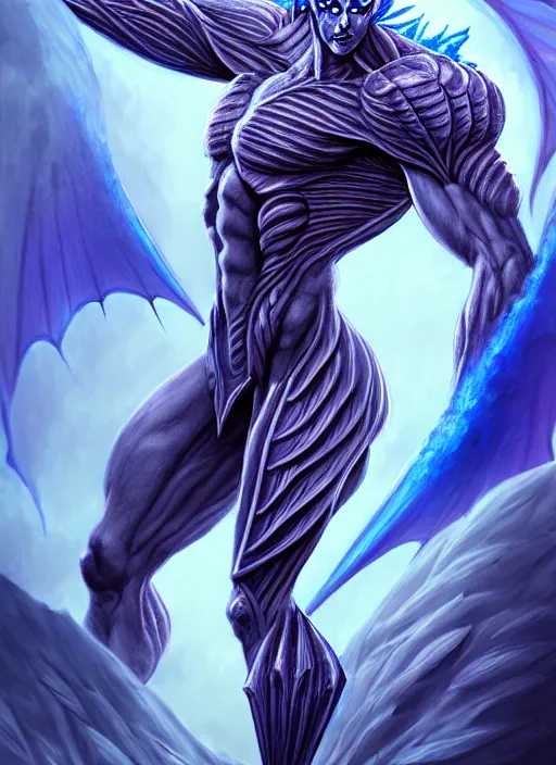 Image similar to muscular and tall blue ghostly fire humanoid dragon!!!! draconian!! intricate ornate iridescent exoesqueleton!! character concept art, sharp focus, octane render! unreal engine 5! highly rendered!! trending on artstation!! detailed linework!! illustration by artgerm, wlop, and chie yoshii