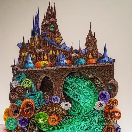 Prompt: paper quilling, art in the style of Moebius and Mohrbacher, a village created out of candy with a river of chocolate, intricately detailed