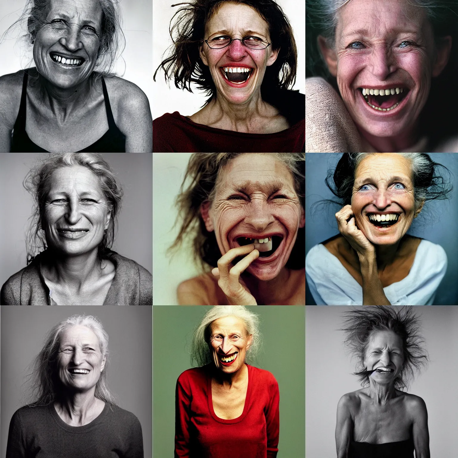 Prompt: a photograph of a woman with no teeth by annie leibovitz