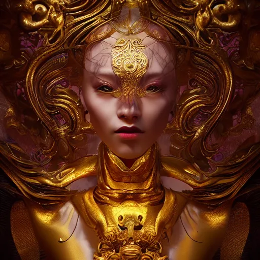 Prompt: The golden alien lady, intricated traditional Chinese textures, rococo decorations, hyper detail, Unreal engine,Octane render, by Karol Bak