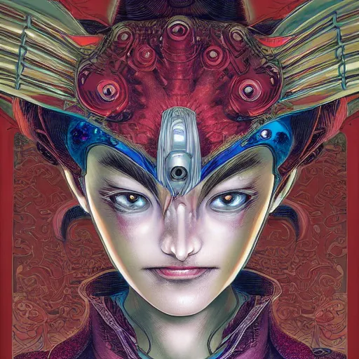 Image similar to portrait closeup of crazy genie, symmetrical, by yoichi hatakenaka, masamune shirow, josan gonzales and dan mumford, ayami kojima, takato yamamoto, barclay shaw, karol bak, yukito kishiro