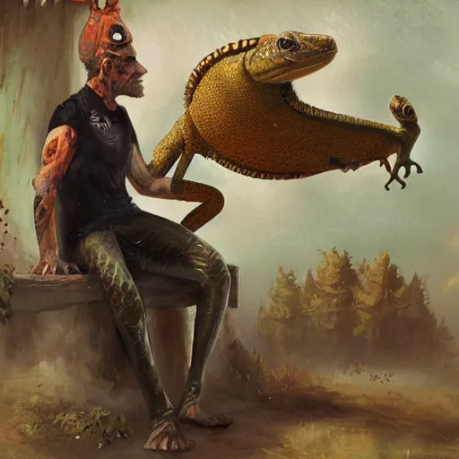 Image similar to a man rites a saddled gigantic Gecko, Fantasy Art