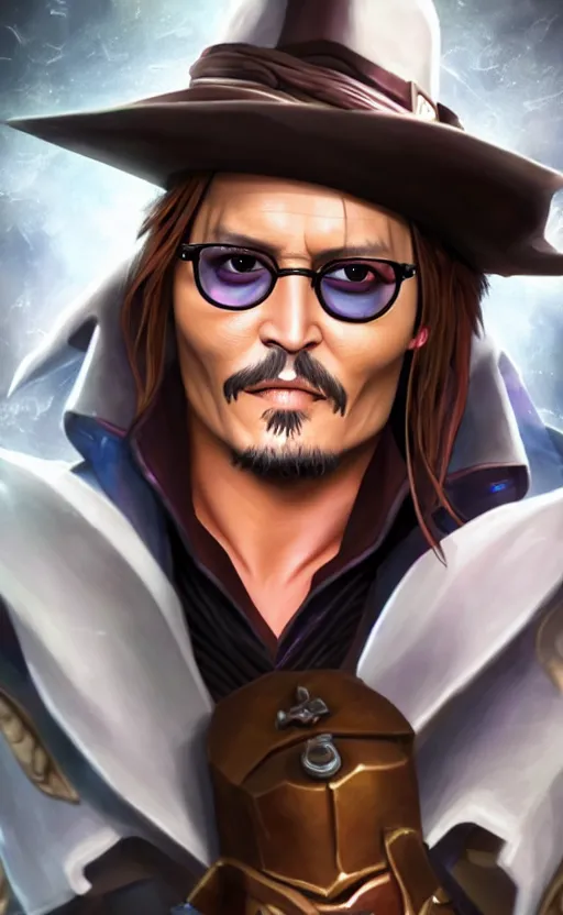 Image similar to Johnny Depp as a character in the game League of Legends, with a background based on the game League of Legends, detailed face, old 3d graphics