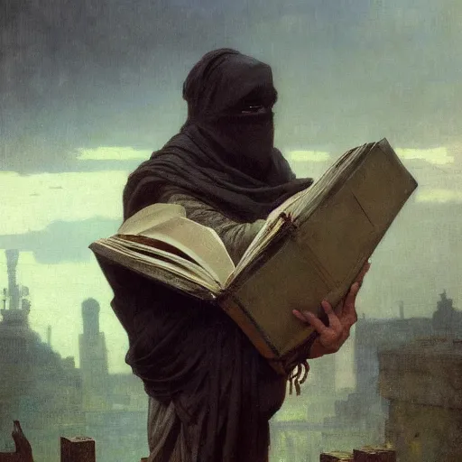 Image similar to half portait of magican wearing a closed cowl holding a big old book! chained!!! to his wrist, jeremy mann, jean leon gerome, alphonse mucha, greg rutkowski, hood covers his eyes, ( ( ruins of ancient rome ) ), at dusk, mysterious atmosphere, sunrays, dof, masterpiece, high detailed, 8 k