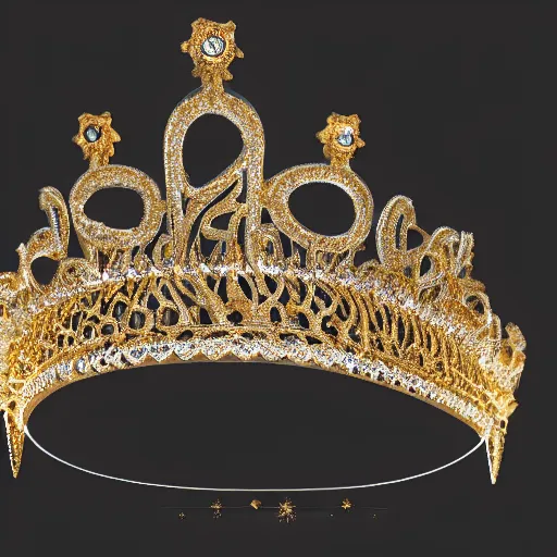 Image similar to Ultra realistic fantasy tiara, intricate detailed, gilded gold and diamonds, sharp focus, Symmetrical composition, octane render, high quality, 8k, volumetric lighting, on black background !dream