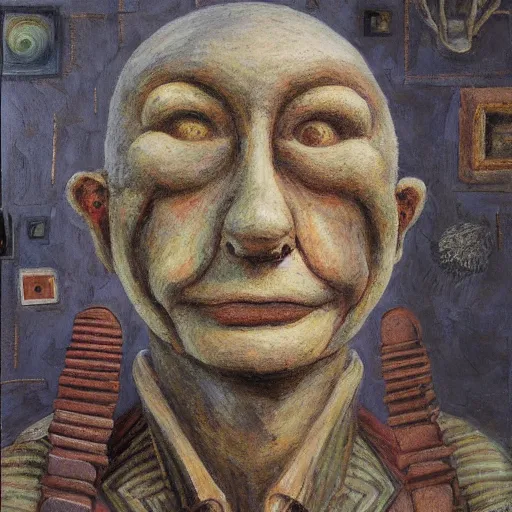 Image similar to a detailed, impasto painting by shaun tan and louise bourgeois of a nonpictoral forgotten sculpture by ivan seal and the caretaker