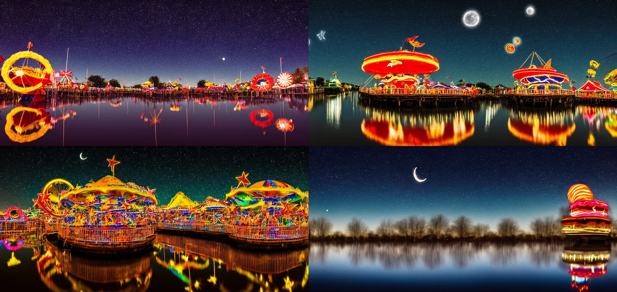 Prompt: carnival at night stars and moon in sky water reflection-long exposure, surreal